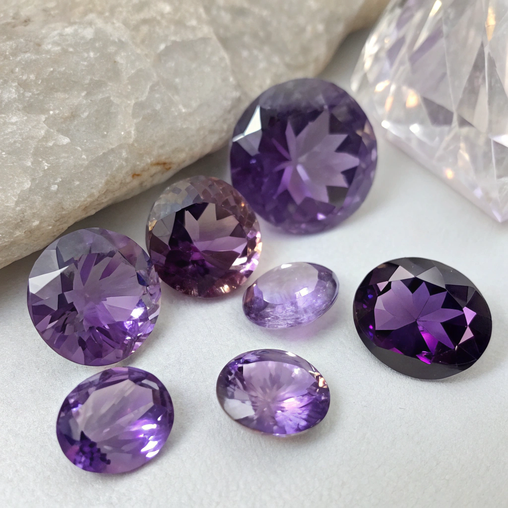 تصویر مجموعهای از سنگهای آماتیست با رنگهای بنفش روشن و تیره که درخشش خاصی دارند