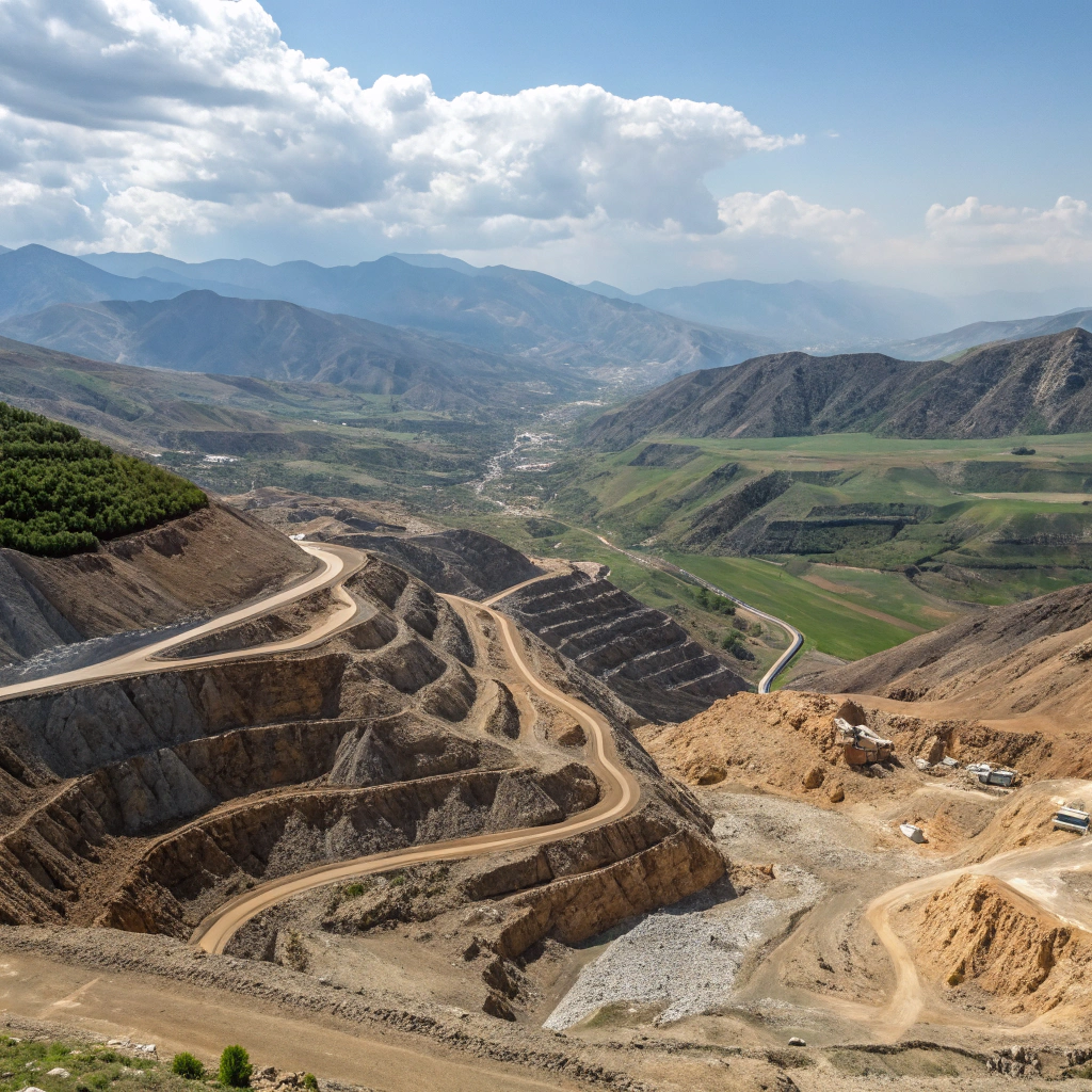 نمای پانورامیک از معادن سنگ‌های قیمتی استان کرمان با مناظر طبیعی و زمین‌های سنگی