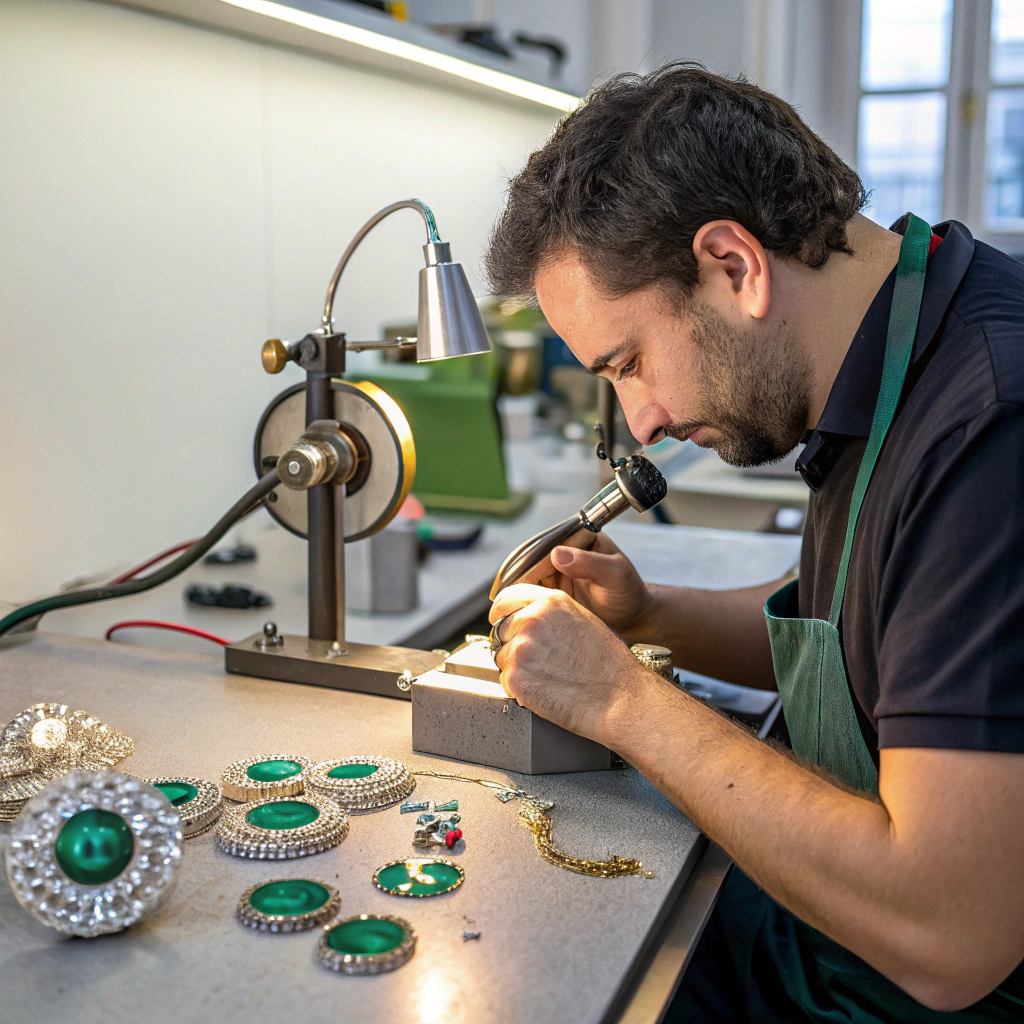 تصویر یک صنعتگر که در حال فرآوری و تراش سنگهای قیمتی با استفاده از تجهیزات پیشرفته است.
