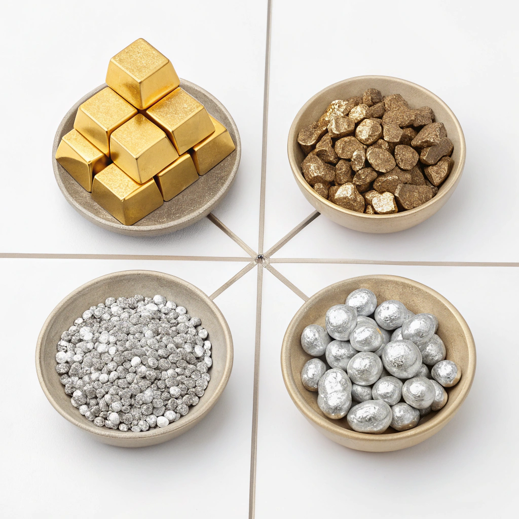 مقایسه نقره با فلزات گرانبهایی مانند طلا، پلاتین و پالادیوم از نظر تقاضا، قیمت و کاربرد صنعتی. این تصویر ویژگی‌های مختلف این فلزات را به‌صورت بصری نمایش می‌دهد.