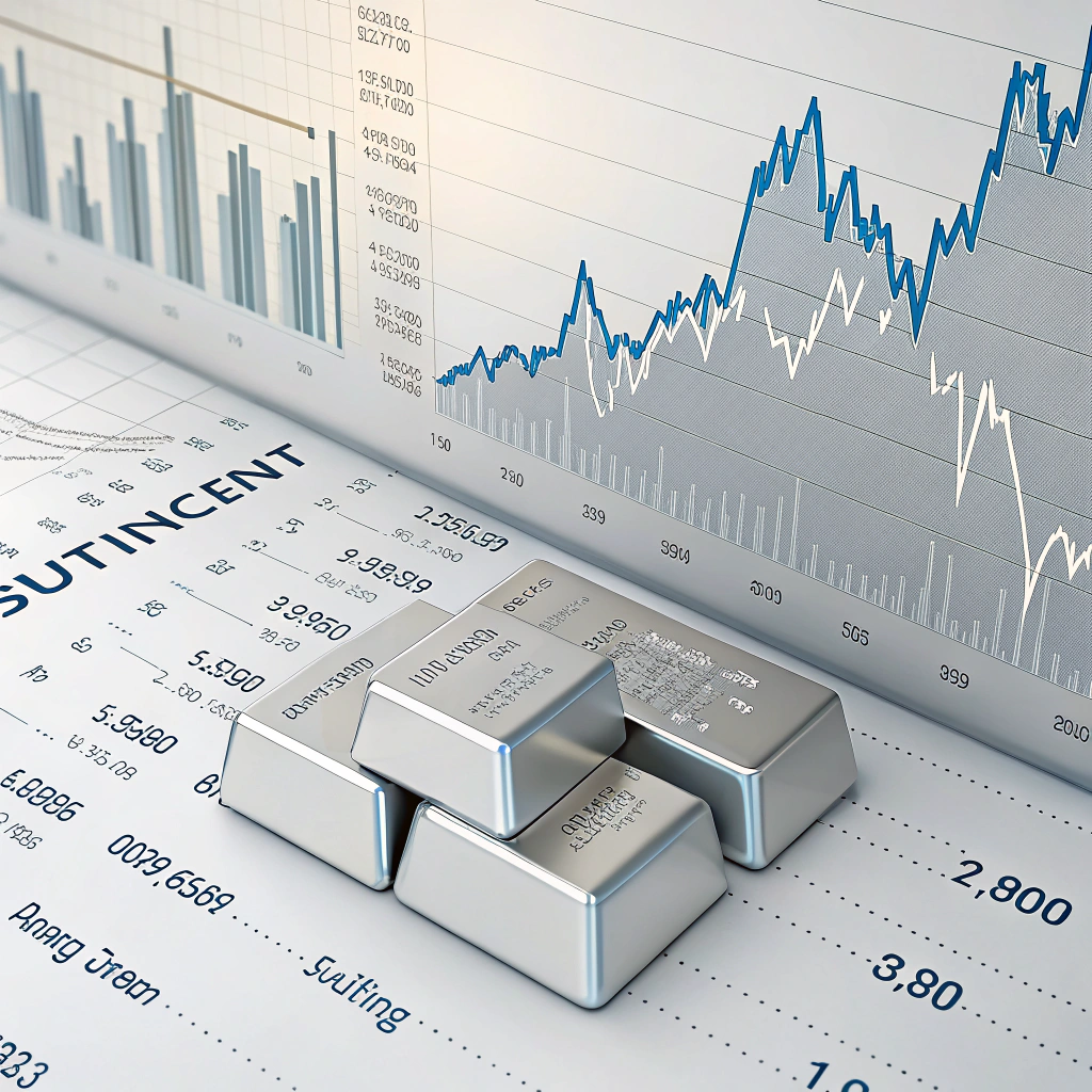 تحلیل قیمتی اونس نقره با نمودارهای دیجیتال و خطوط روند در حال صعود و نزول. این تصویر نشان‌دهنده روند تغییرات قیمت نقره در بازار جهانی است.