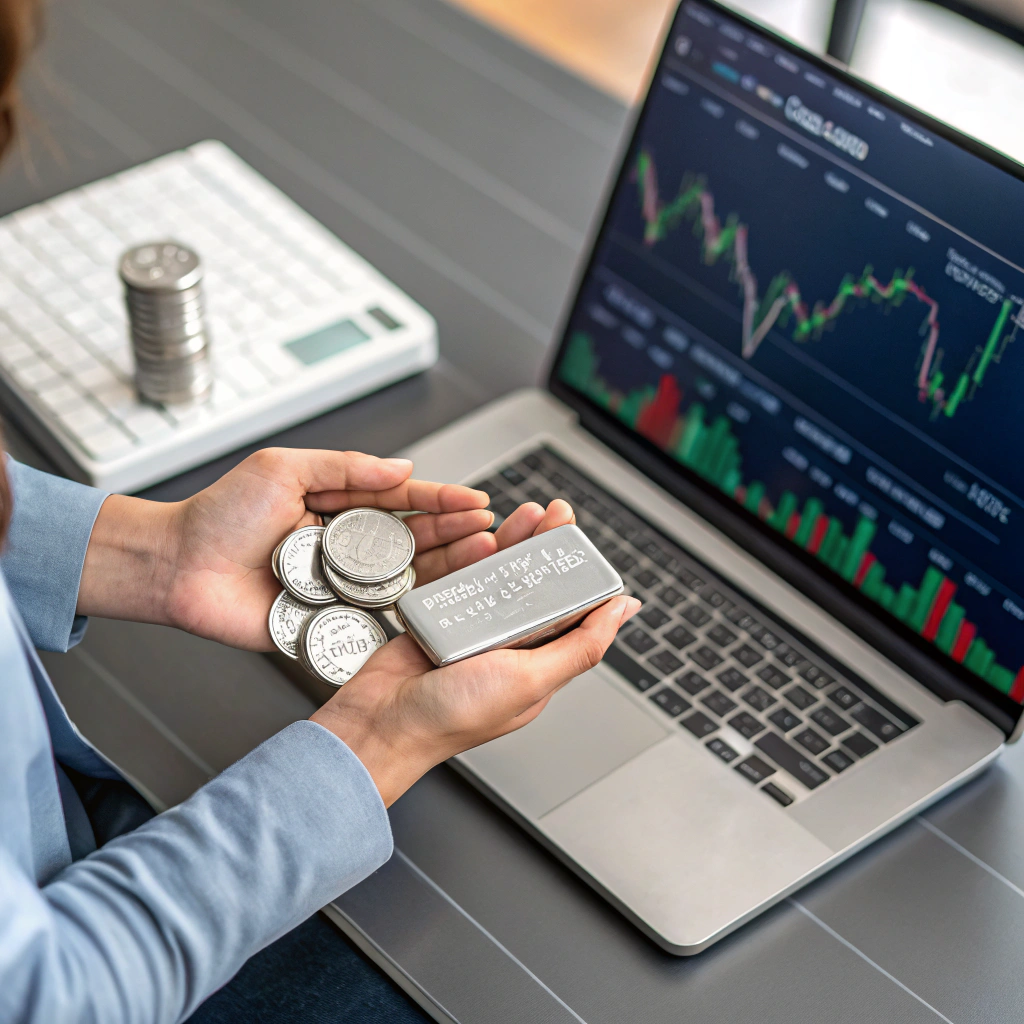 سرمایه‌گذاری در نقره به‌صورت سکه و شمش نقره در کنار نمایی از پورتفوی دیجیتال که ابزارهای سرمایه‌گذاری نقره را نشان می‌دهد. تصویر بیانگر نقره به‌عنوان یک دارایی امن برای سرمایه‌گذاران است.