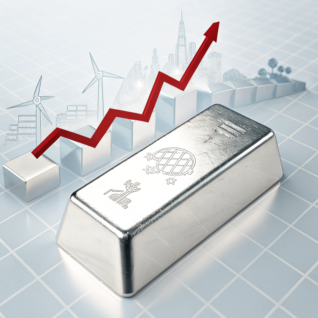 تصویر شاخص قیمت نقره با نوار نقره‌ای در کنار نمودار صعودی. این تصویر نشان‌دهنده ارزش و رشد بازار نقره به‌عنوان یک دارایی سرمایه‌گذاری است.