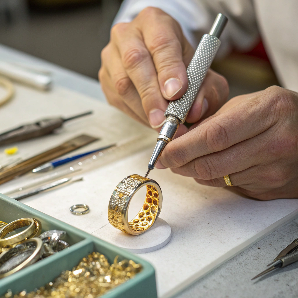 یک جواهرساز در حال اعمال آبکاری طلا به یک حلقه نقره‌ای، با دست دقیق و متمرکز لایه طلا را بر روی نقره قرار می‌دهد.