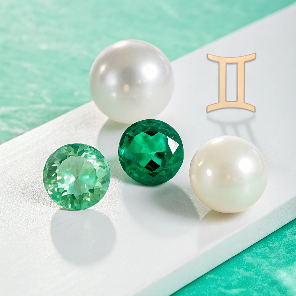 تصویر سه‌بعدی سنگ های ماه خرداد شامل زمرد، مروارید و عقیق سفید در کنار نماد برج جوزا با پس‌زمینه سبز ملایم