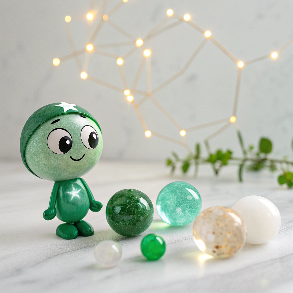 کاراکتر سه‌بعدی در میان سنگ های ماه خرداد شامل زمرد، مروارید و عقیق سفید با نماد برج جوزا در پس‌زمینه