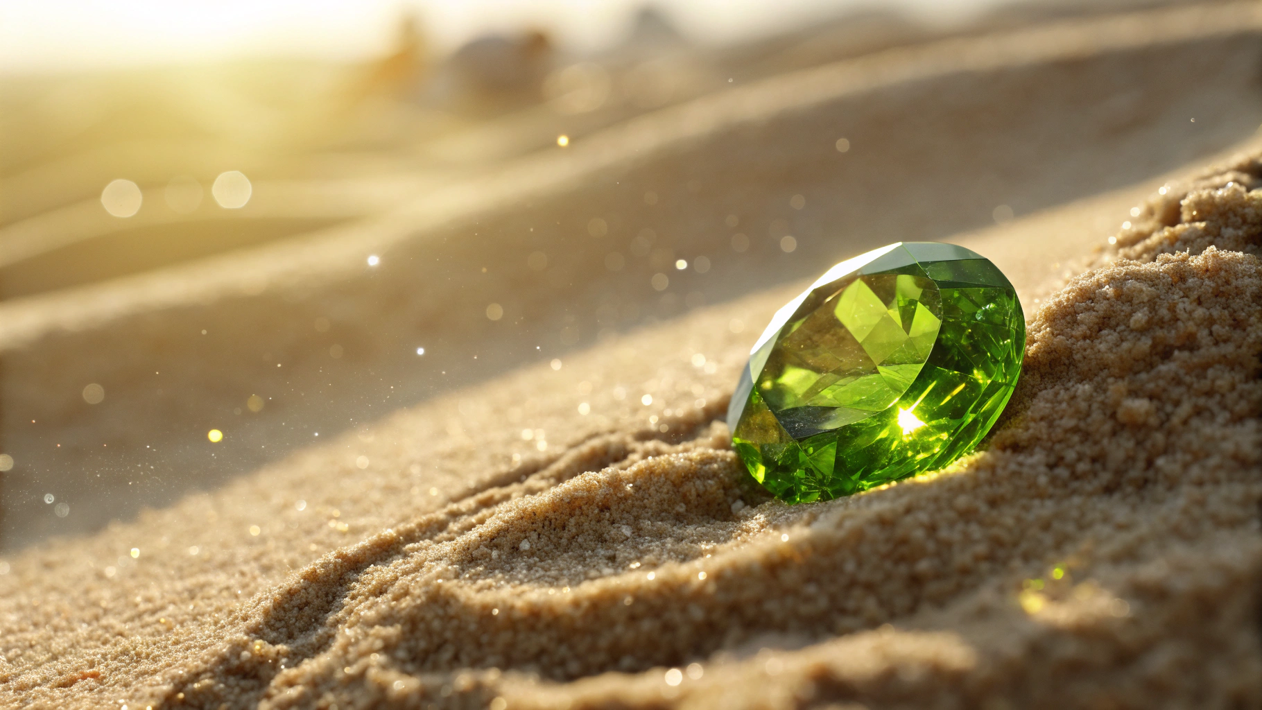 سنگ پریدوت سبز درخشان در نور خورشید، نماد انرژی مثبت و شادی متولدین مرداد