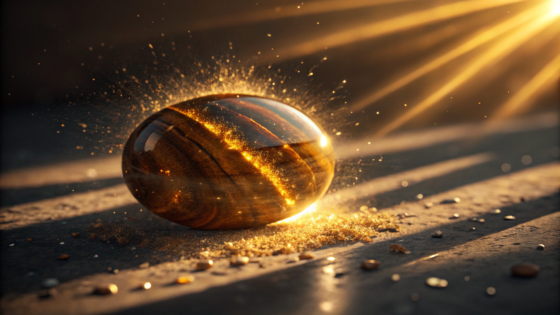 سنگ چشم ببر طلایی درخشان با بازتاب نور خورشید، نماد قدرت و شجاعت در سنگ ماه مرداد