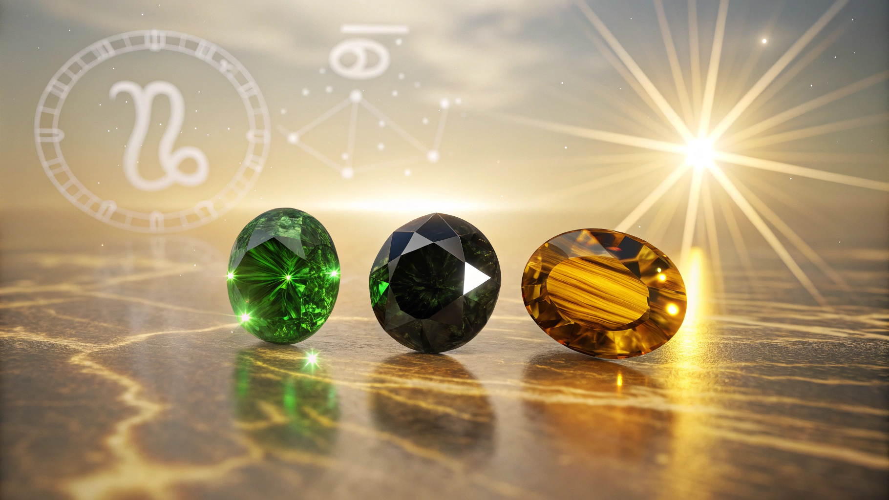 نمایی سه‌بعدی از سنگ ماه مرداد شامل پریدوت سبز، اونیکس مشکی و چشم ببر طلایی با پس‌زمینه خورشیدی و نماد برج اسد