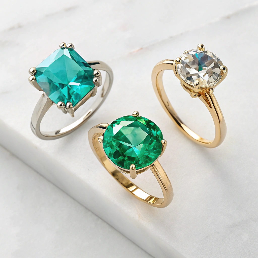 تصویر ایزومتریک جدول مقایسه سه سنگ های ماه تولد اردیبهشت: زمرد، آونتورین و فیروزه با رنگ، خواص و انرژی مثبت