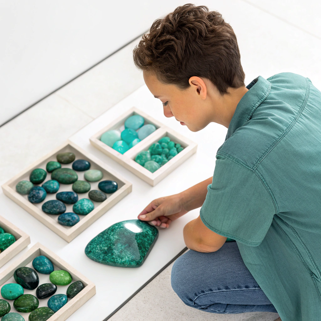 تصویر ایزومتریک شخصی که بین سنگهای زمرد، آونتورین و فیروزه با اهداف آرامش ذهن، شانس، عشق و انرژی مثبت انتخاب میکند