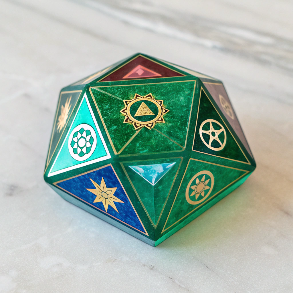 تصویر ایزومتریک سنگ زمرد همراه با نمادهای آرامش ذهن، تمرکز، انرژی مثبت و خواص درمانی