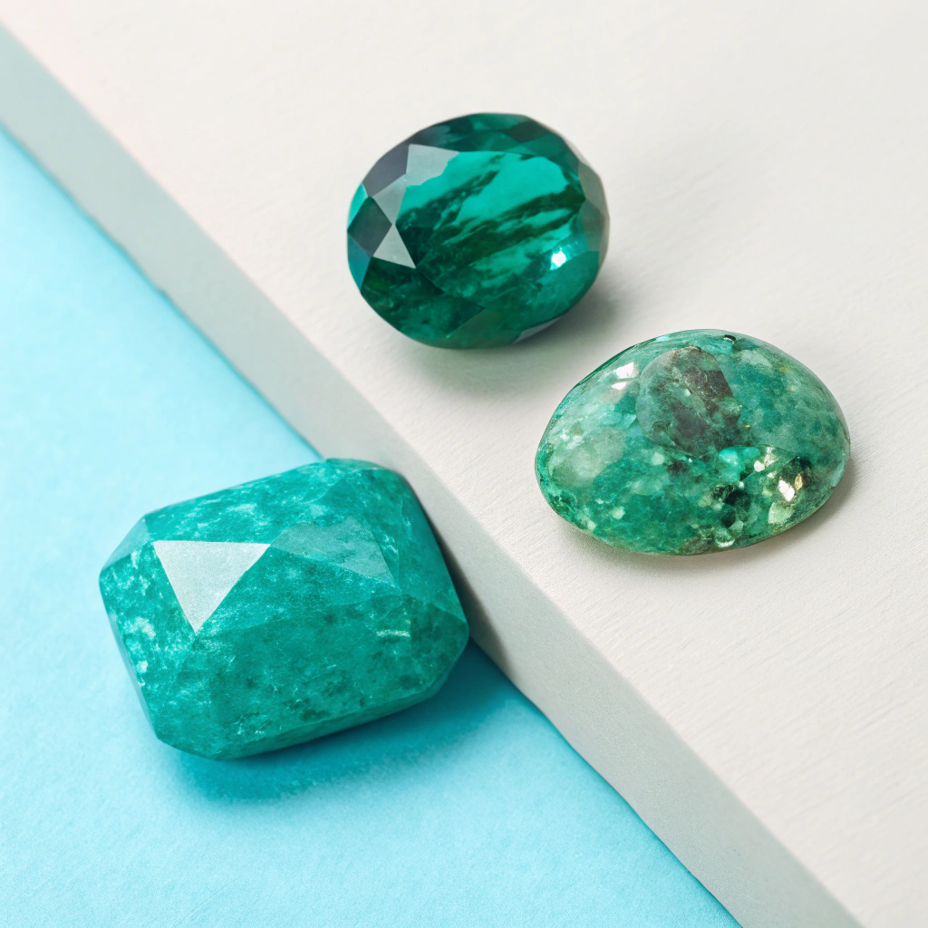 تصویر ایزومتریک سه سنگ ماه تولد اردیبهشت: زمرد، آونتورین و فیروزه با جلوههای طبیعی و رنگهای زنده