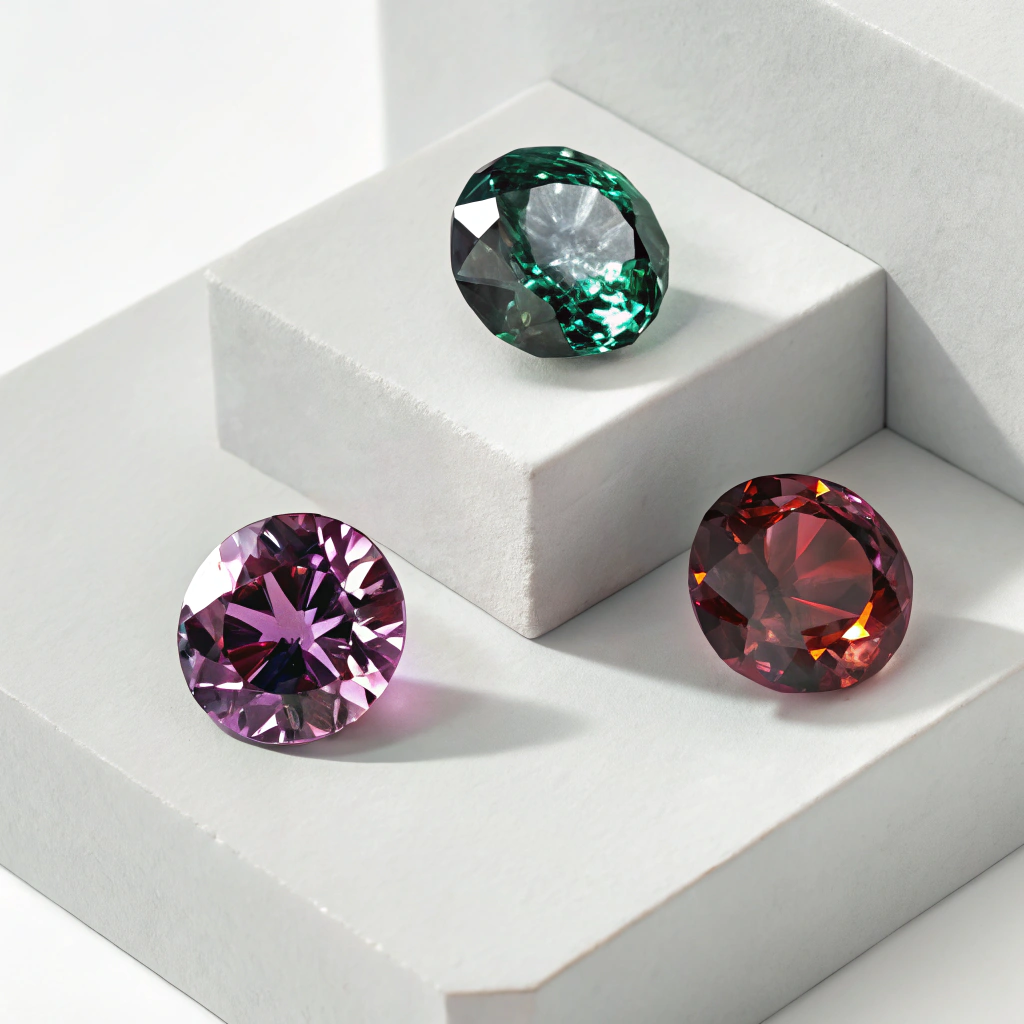 تصویر ایزومتریک مدرن از مجموعه‌ای از سنگ‌های ماه فروردین شامل الکساندریت، گارنت و یاقوت، هر سنگ با رنگ و انرژی منحصر به فرد خود درخشان است.