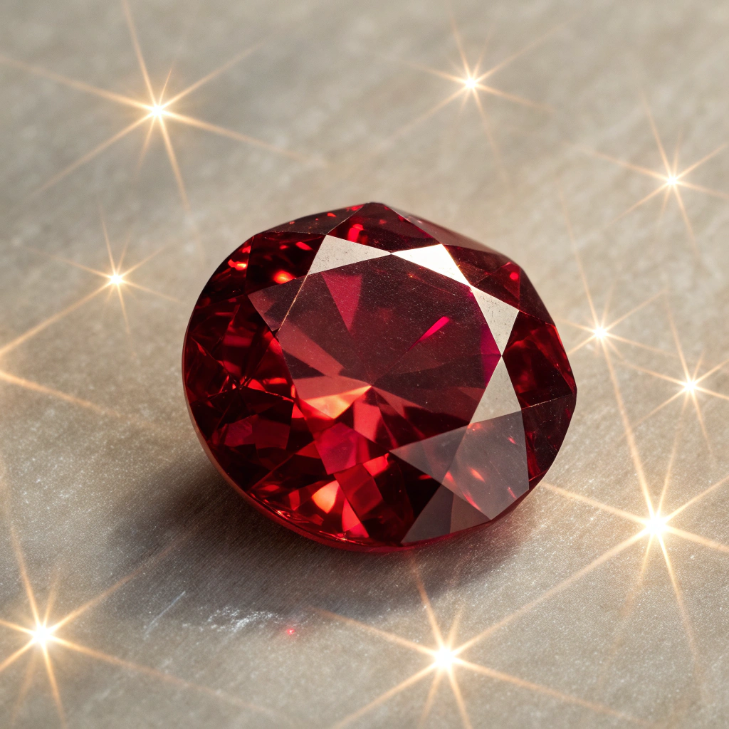 تصویر ایزومتریک مدرن از سنگ گارنت با رنگ قرمز عمیق و جزییات درخشان، احاطه‌شده با درخشش‌های ظریف و پس‌زمینه لوکس.