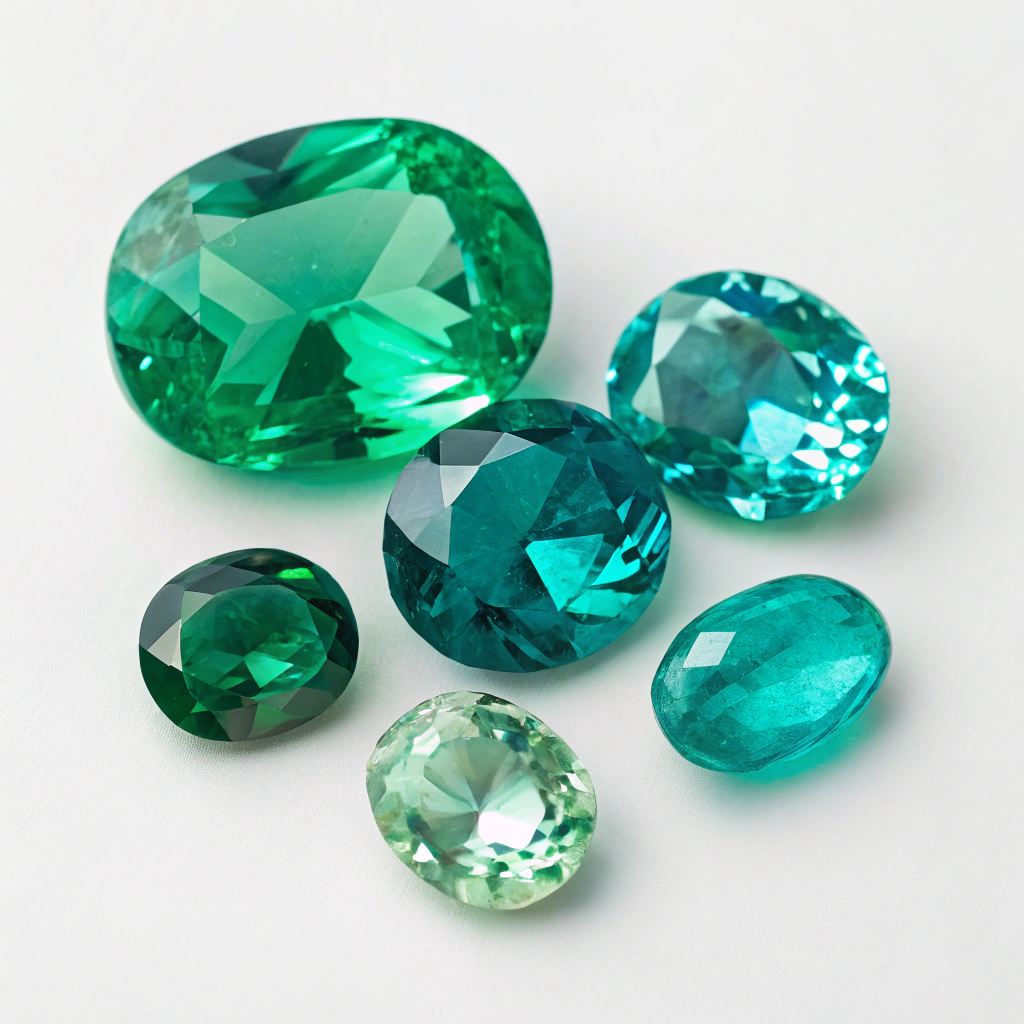 تصویر شاخص ایزومتریک مدرن سه سنگ های ماه تولد اردیبهشت: زمرد، آونتورین و فیروزه با رنگ‌های زنده و جلوه‌های جذاب