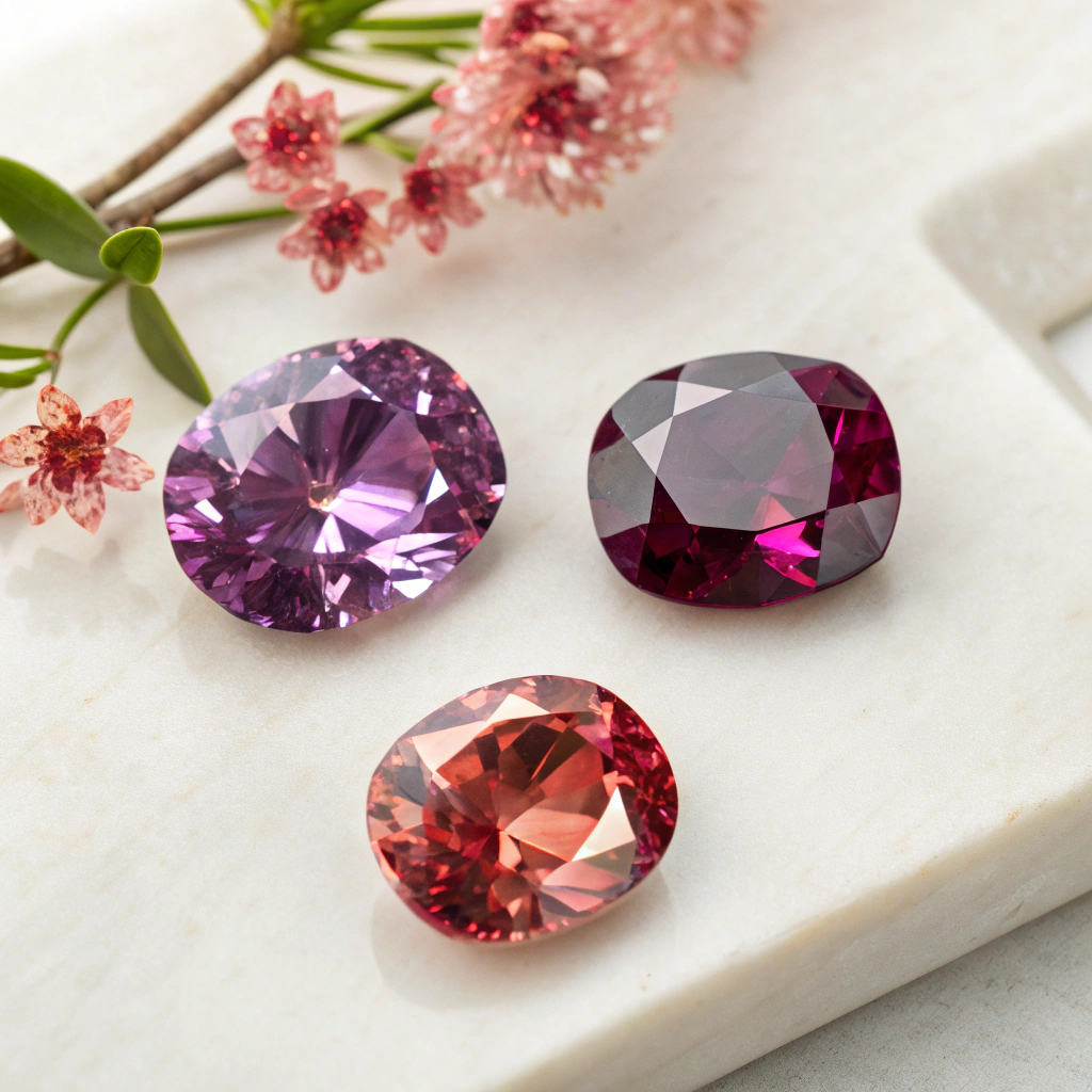 تصویر ایزومتریک مدرن از مجموعه سنگ‌های ماه فروردین شامل الکساندریت، گارنت و یاقوت با رنگ‌های زنده و درخشان، نمایی از ویژگی‌های منحصر به فرد هر سنگ در پس‌زمینه‌ای ساده و جذاب.